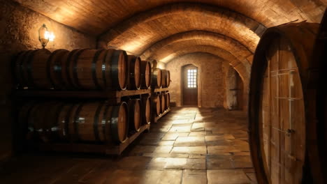 A long room with many barrels of wine. The barrels are stacked on top of each other and the room is dimly lit