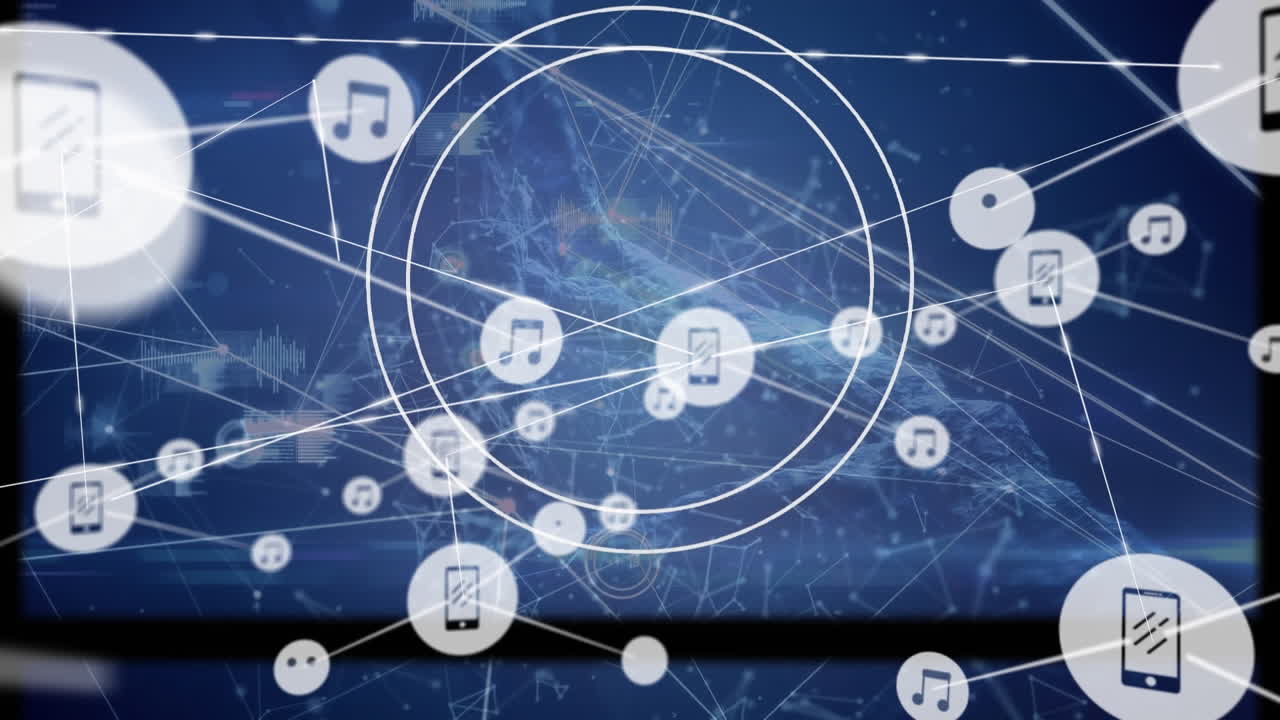 파란색 배경에 아이콘과 데이터 처리를 가진 연결 네트워크의 애니메이션