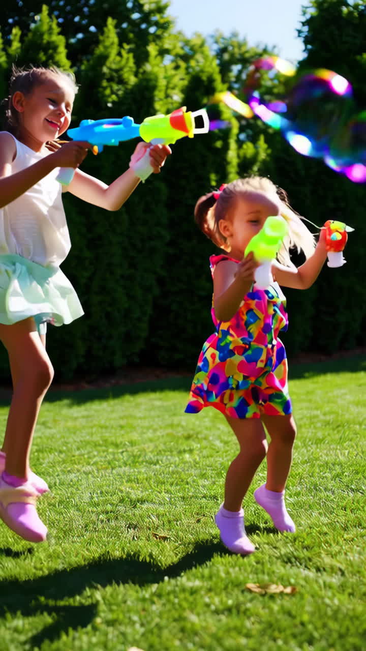 Two happy girls playing with bubble guns in a sunny backyard