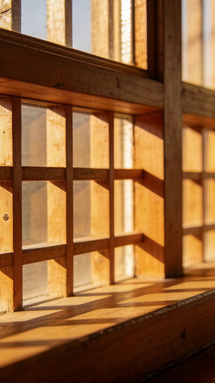 Vertical video: Panning camera revealing wood window and sill in room, showing sunlight and screw