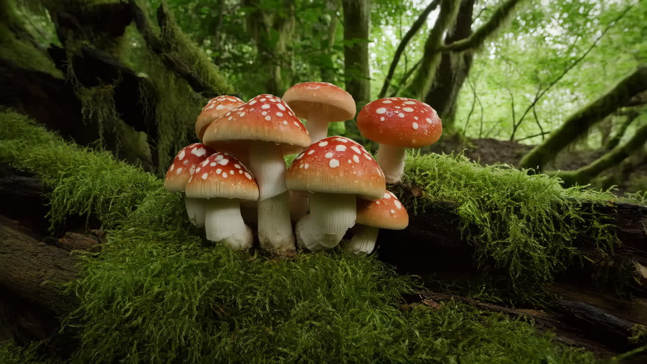 Cluster of Red and White Spotted Mushrooms Growing on Mossy Log in Forest