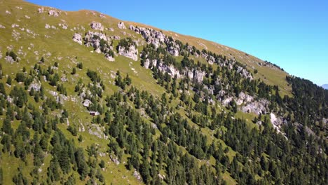 drone over view of steep forested mountain covered by rocks and blue sky