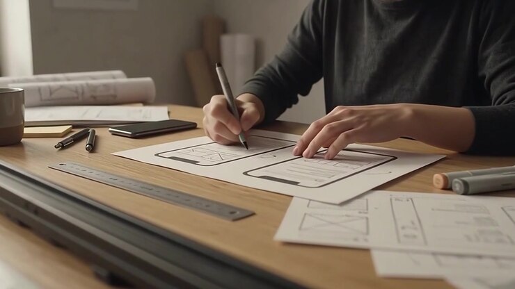 UX Designer Sketching Mobile App Wireframes on Paper