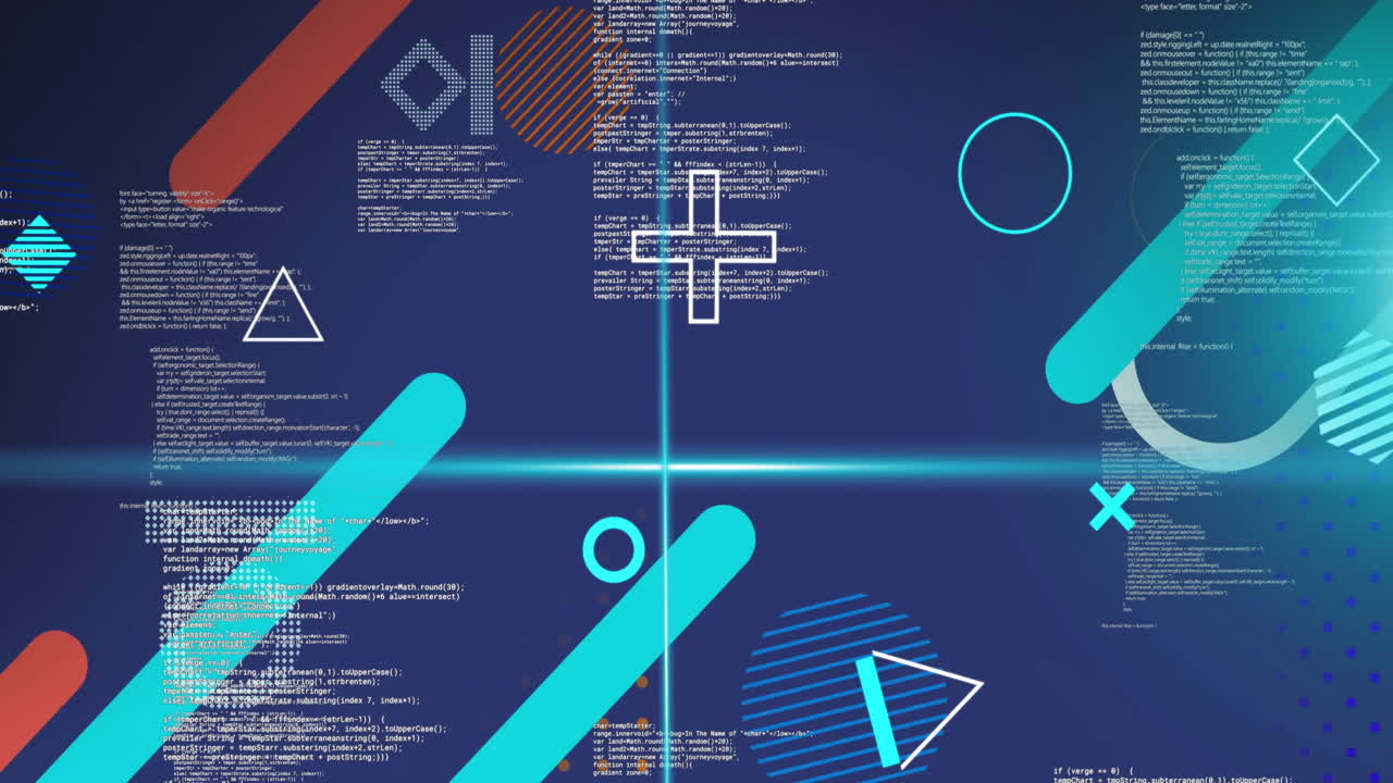 Animation of moving shapes and blue scanner beams over data processing on blue background