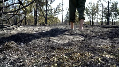hombre caminando descalzo por la hierba quemada después de un gran incendio forestal, desastre ecológico, destrucción de la naturaleza, concepto de tristeza