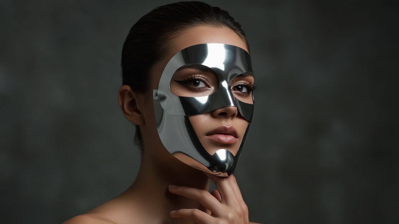 A Captivating Portrayal of Individuality and Mystery: A Portrait Featuring a Woman with a Reflective Mask, Highlighting the Intersection of Beauty and Intrigue
