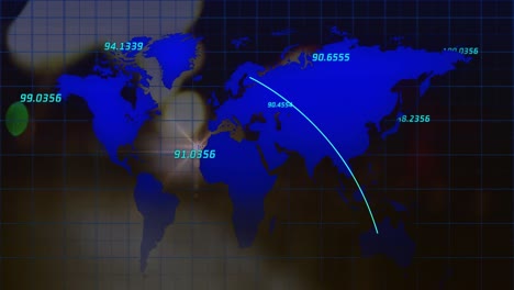 animación de múltiples números flotando sobre un mapa del mundo contra el tráfico de la ciudad por la noche