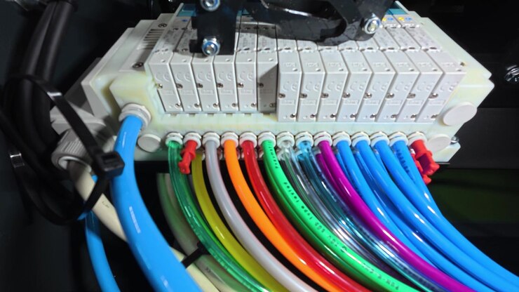 Primo piano di tubi pneumatici codificati a colori collegati all'interno di una macchina industriale. Concetto di automazione industriale, gestione organizzata dei cavi, manutenzione e sistemi di ingegneria.