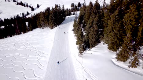 aerial view of ski resort with people snowboarding down the hill