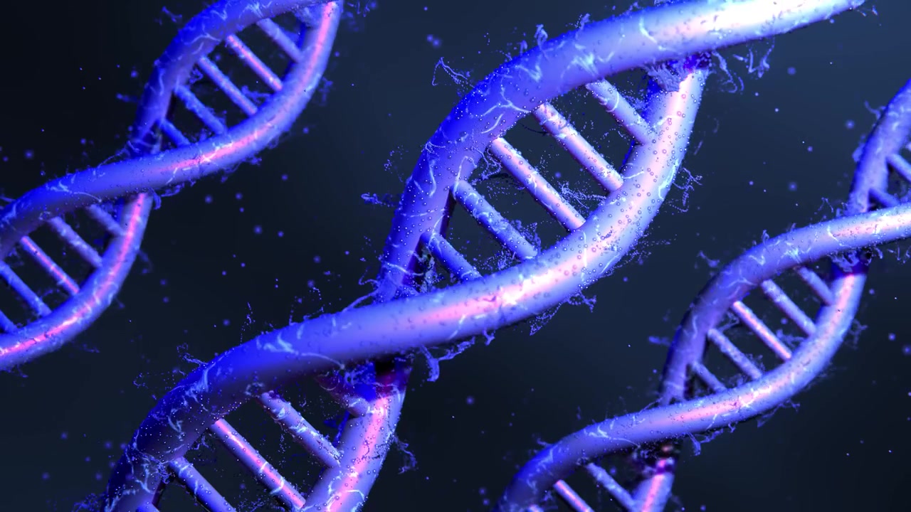 Fili luminosi di doppia elica del DNA in uno spazio digitale blu