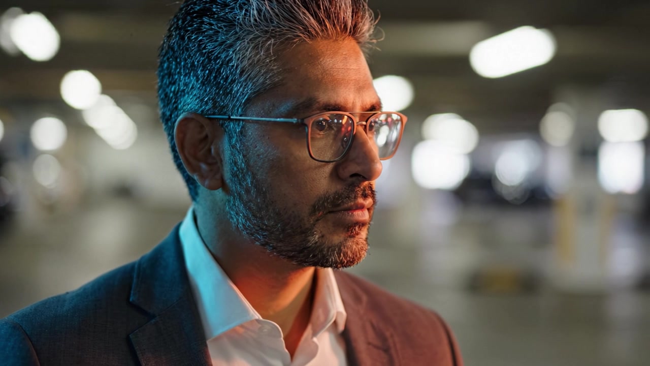 A Thoughtful Man in a Suit Reflects in a Dimly Lit Parking Garage, Captured in Two Frames Showing His Intense Expression and Serious Demeanor