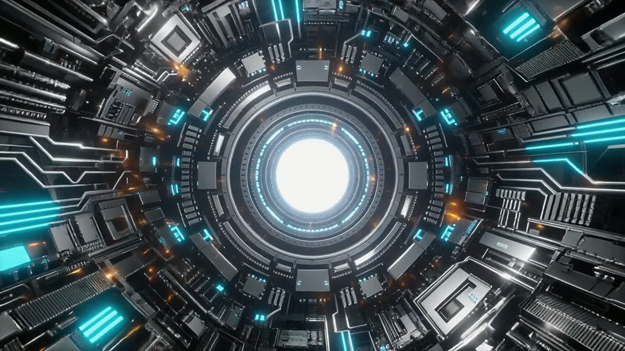 Volando attraverso un tunnel futuristico di tecnologia digitale