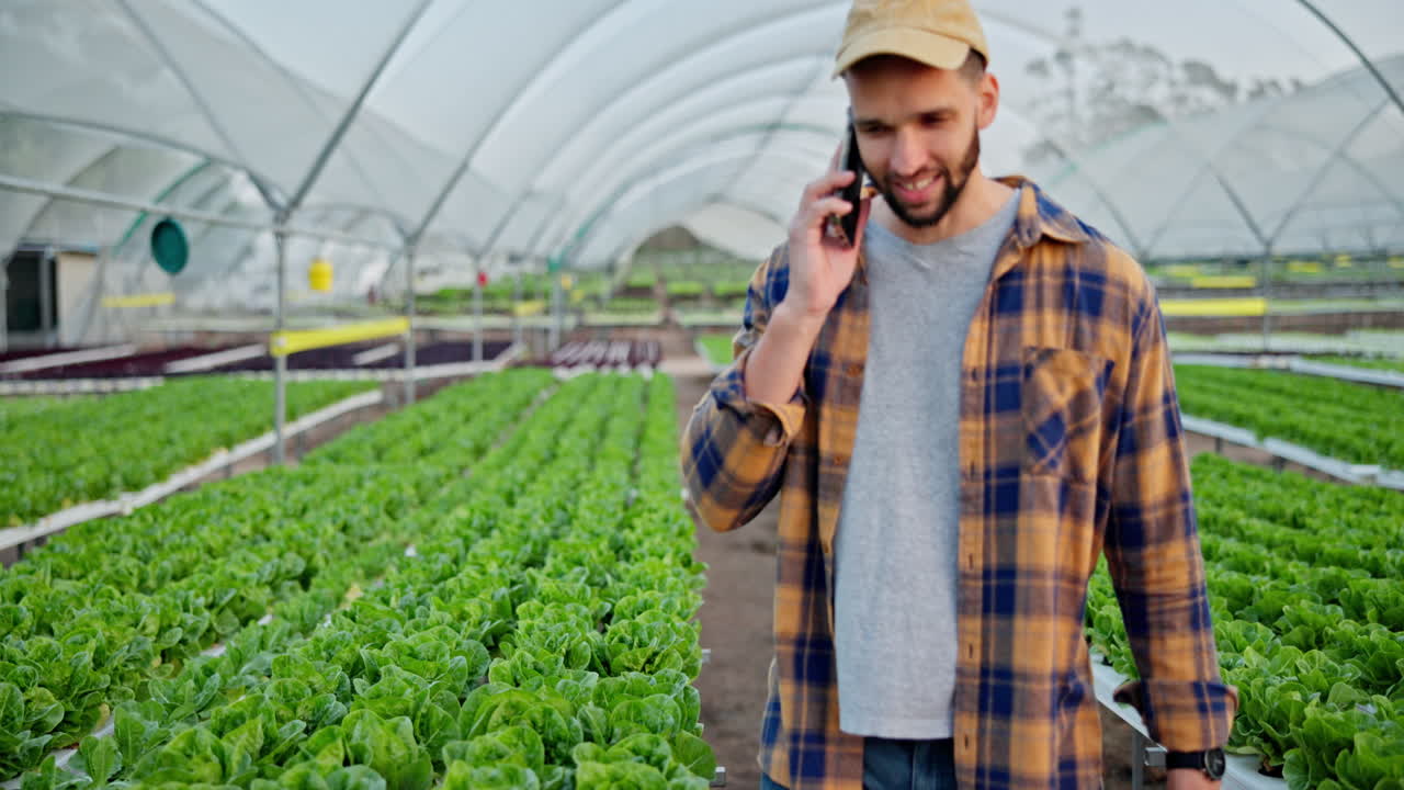 Agricoltore al telefono in una serra