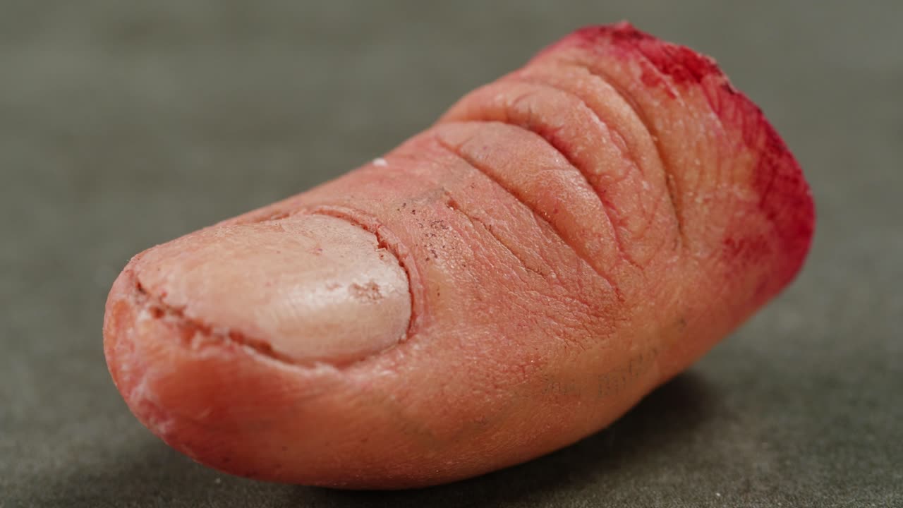 A rubber fake finger with blood close-up. Make-up equipment props for films and shooting. Bloody fake fingers for halloween and parties