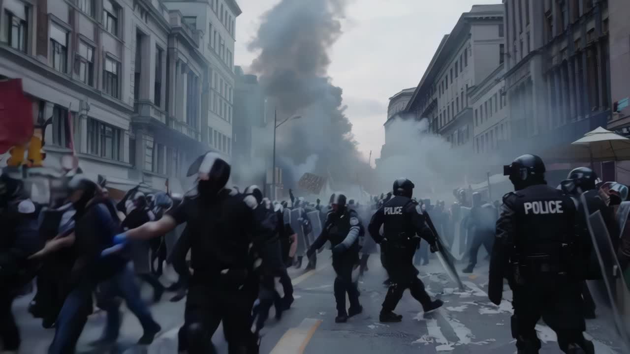 Street-level video scene of a protest with police in riot gear amidst smoke and chaos