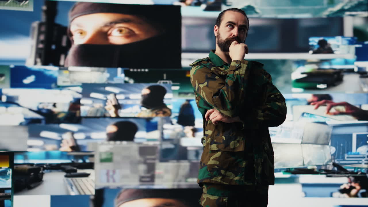 Male army officer operates from a mission command center with digital tech