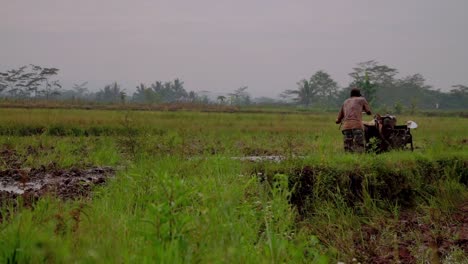 indonesian worker with machinery working on rice field during cloudy day - tracking shot