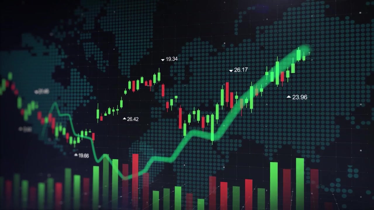 Animazione del logo della piattaforma di trading finanziario digitale con dati del mercato azionario.