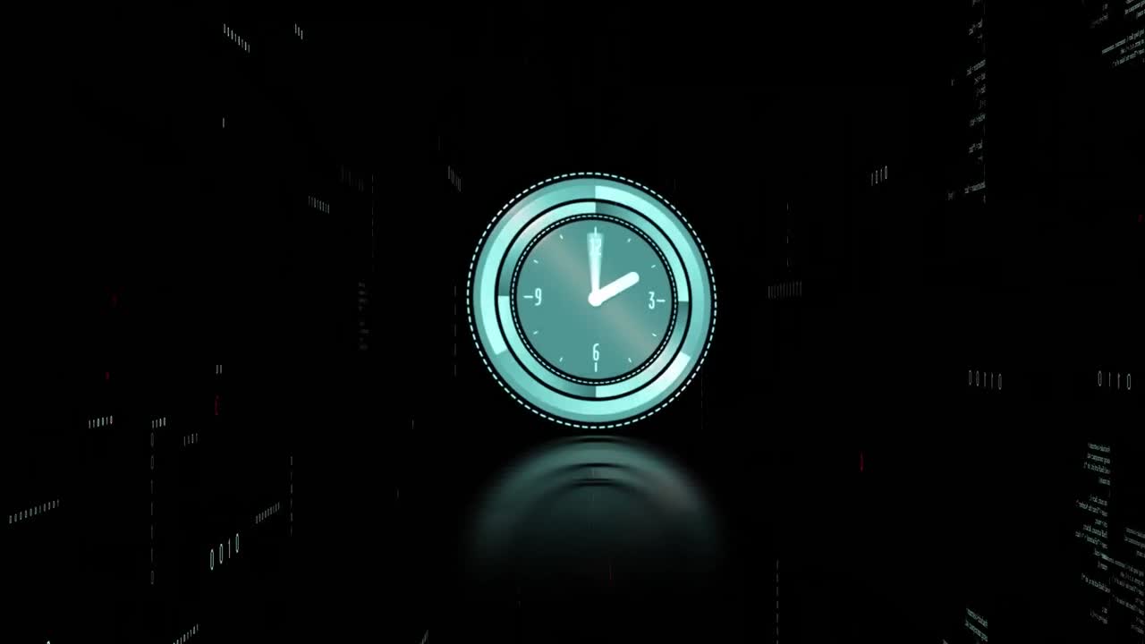 Animation of clock ticking and data processing over dark background