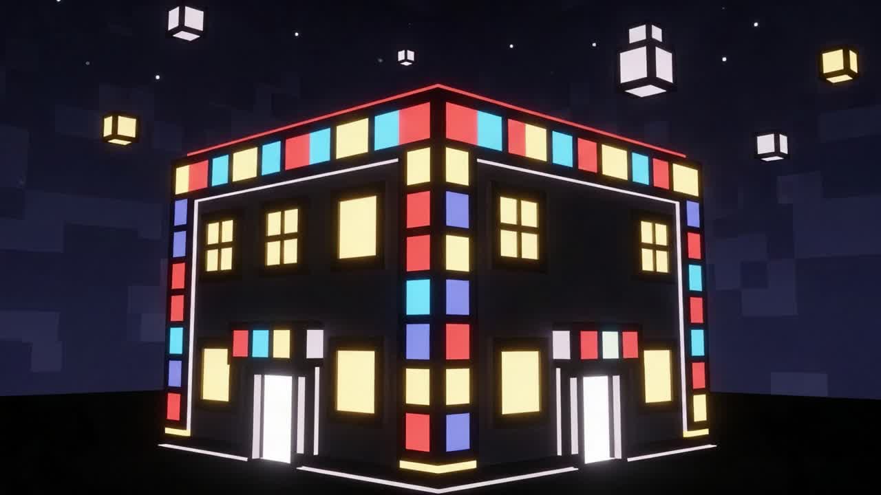A vibrant and captivating 3D animated structure illuminated against a dark, starry backdrop, showcasing a colorful facade and glowing lanterns suspended in the night sky