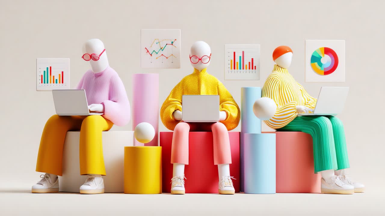 Colorful Group of Three Stylized Figures Engaged in Data Analysis with Laptops Amidst Graphical Representations of Trends and Metrics for Modern Business Insight