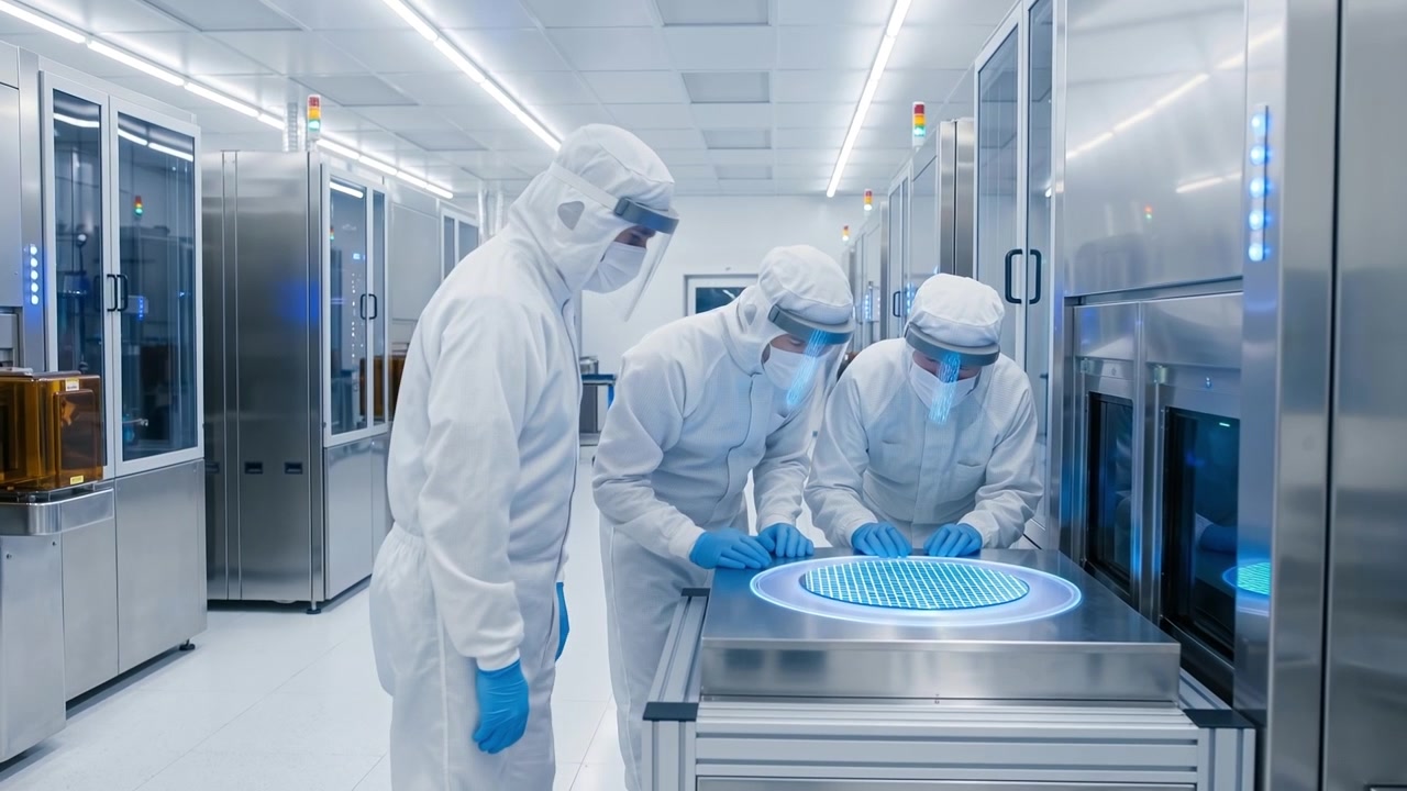 Scientists in full protective gear working in a high-tech laboratory with blue lighting