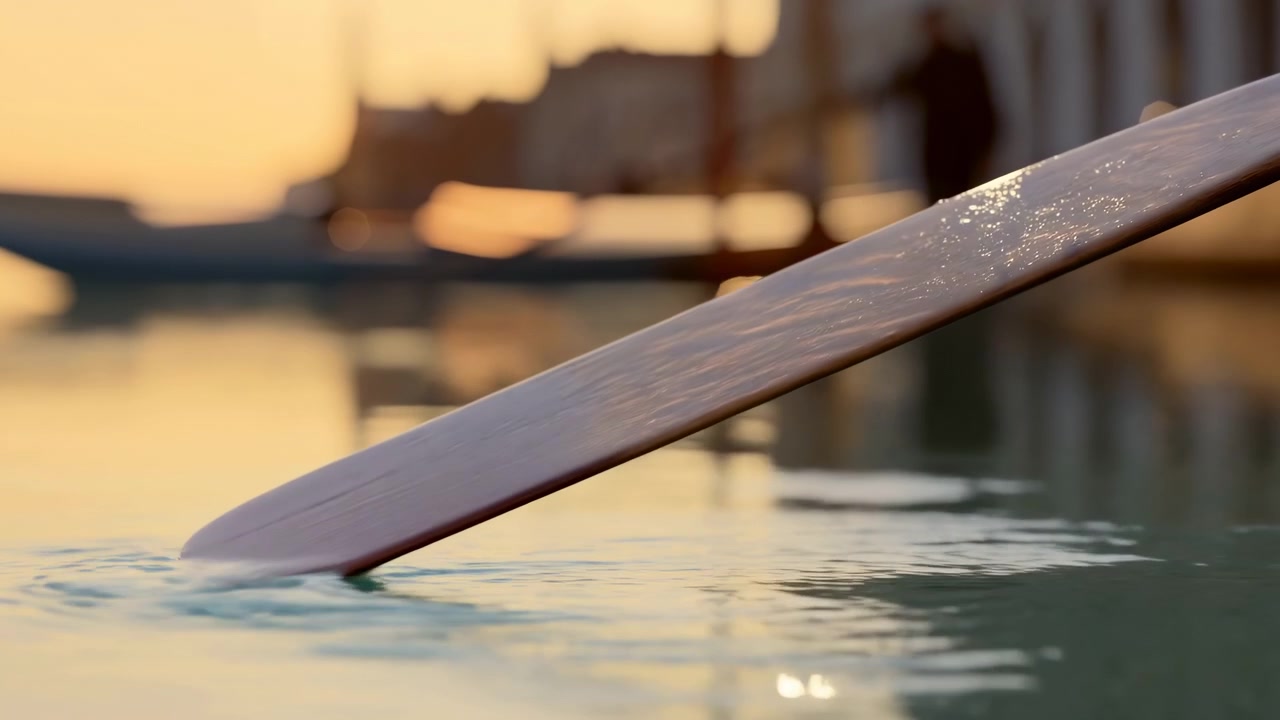 Una pala di remo in legno diagonale poggia con un'angolazione leggera sull'acqua calma di un porto turistico durante l'ora d'oro, creando leggere increspature, riflessi bagnati, una luce calda di contorno e un'atmosfera nautica serena vicino al molo.