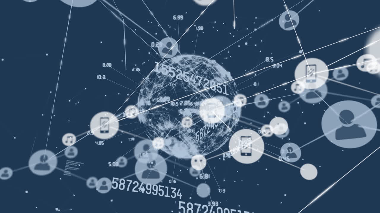 디지털 아이콘과 숫자가 바뀌는 글로브로 연결된 네트워크의 애니메이션