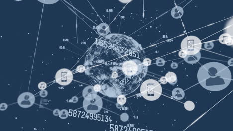 animación de la red de conexiones con iconos digitales y globo con números cambiantes