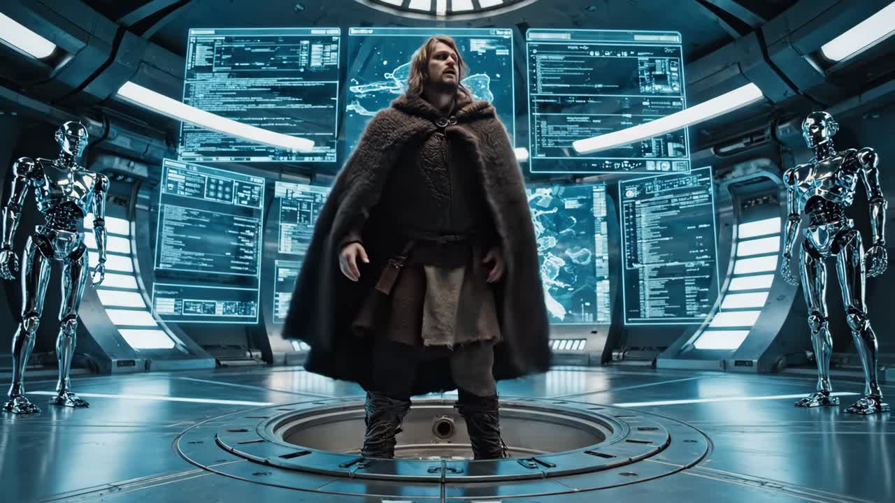 Futuristic control room with man and robots