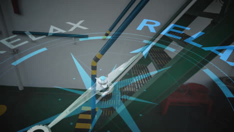 animation of compass with arrow pointing to relax text over steps on ship