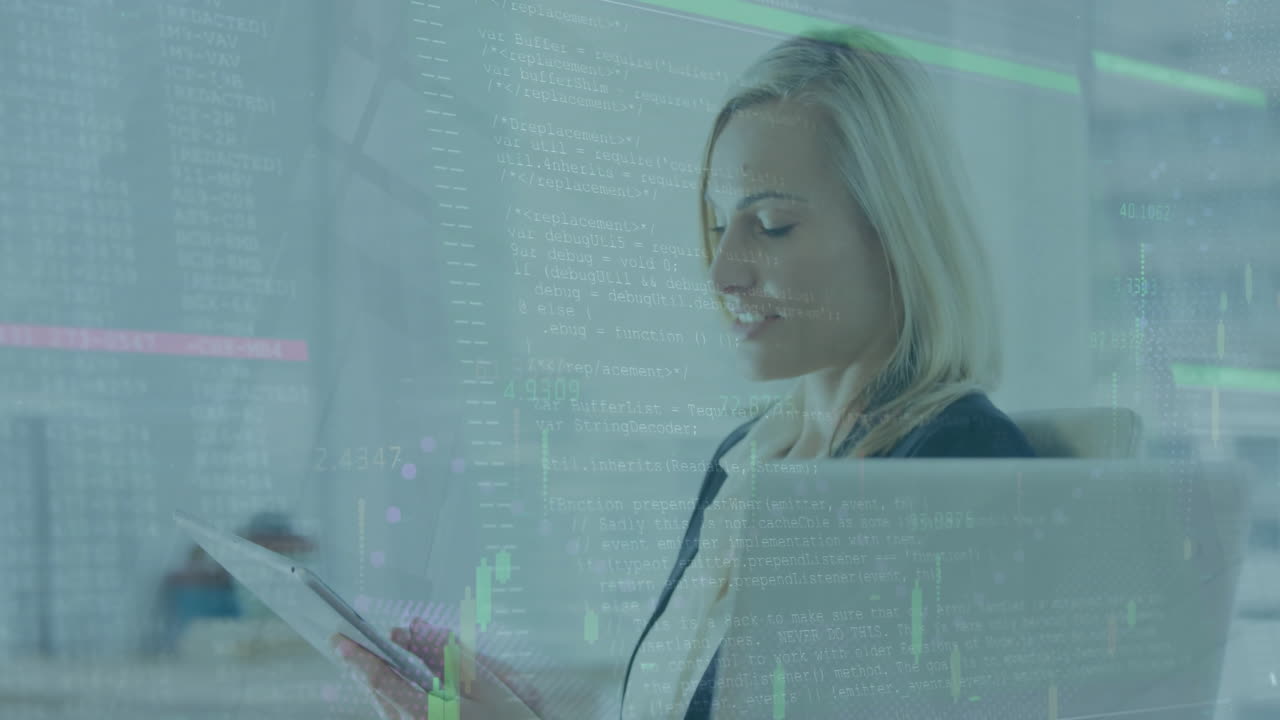 animación de gráficos con números y letras cambiantes sobre mujer caucásica usando tableta digital