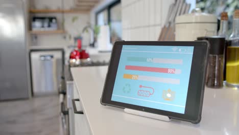 tablet with smart home interface on white worktop in kitchen, slow motion