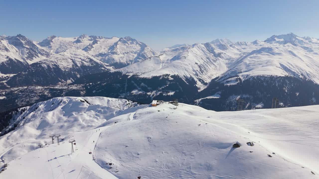 Disentis Ski Area, Restaurant at Cuolm da Vi with Piz Medel in the background