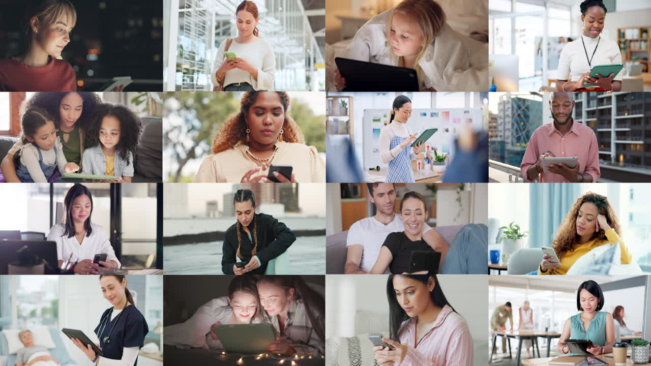 Collage, people and mobile with internet