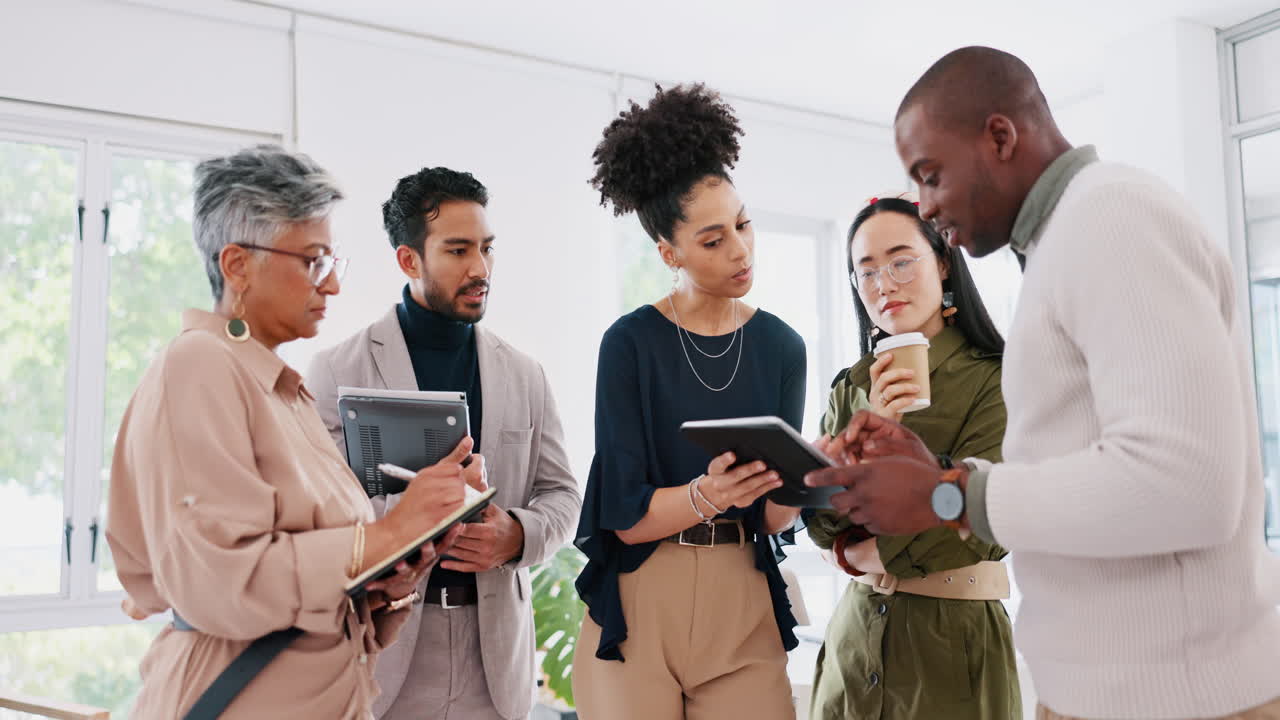 Brainstorming, tablet and business people