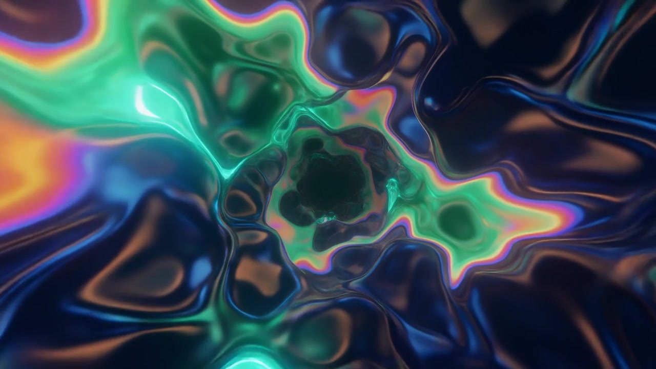 Abstract Liquid Metal Tunnel with Iridescent Neon Lighting