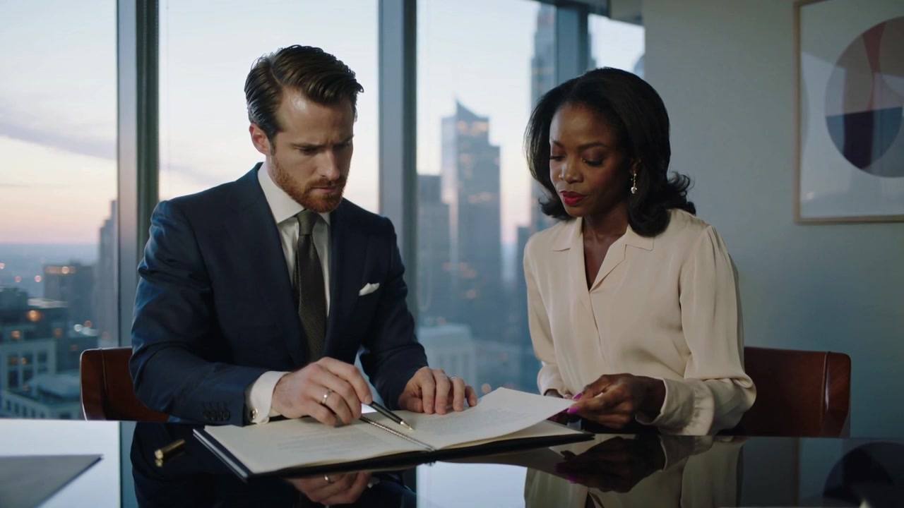 Pointing pen over binder, two colleagues suit and blouse turning pages, finalizing deal in office
