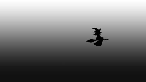 animación de halloween bruja negra volando en una escoba sobre un fondo de gradiente blanco negro