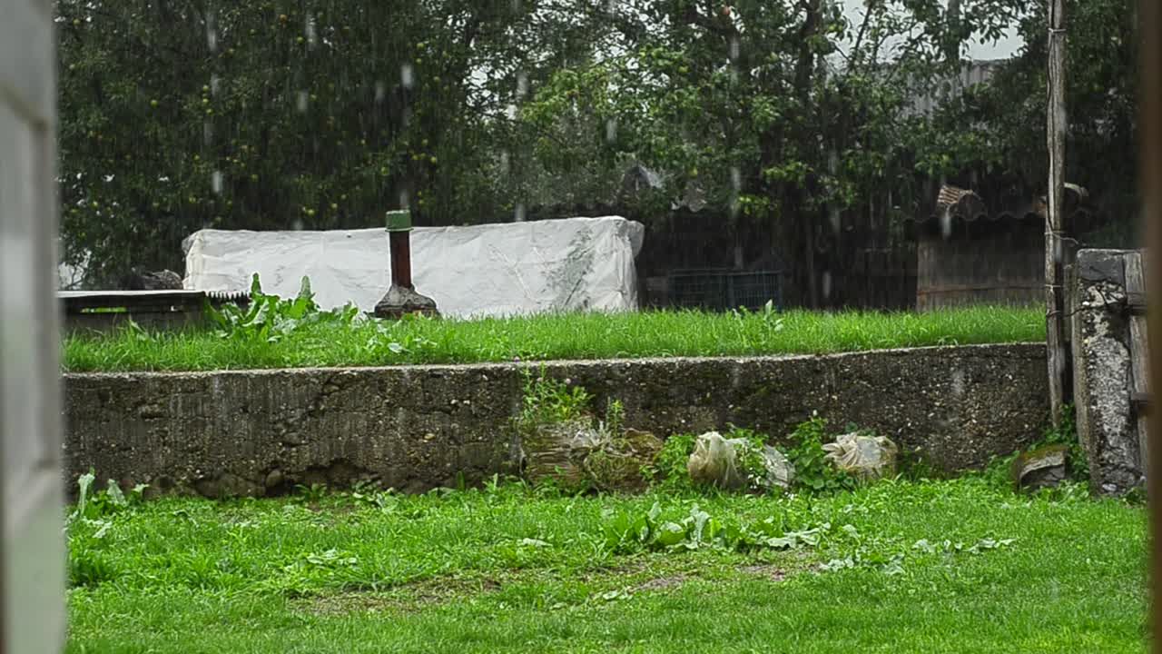 비에 놀란 남자가 몸을 가리려고 한다