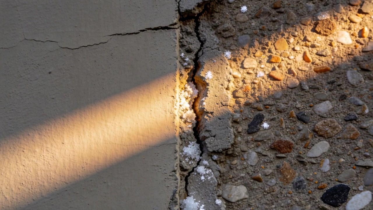 Shifting low sunbeam crossing pavement seam, lighting thin crack with ice pellets and pebble glints