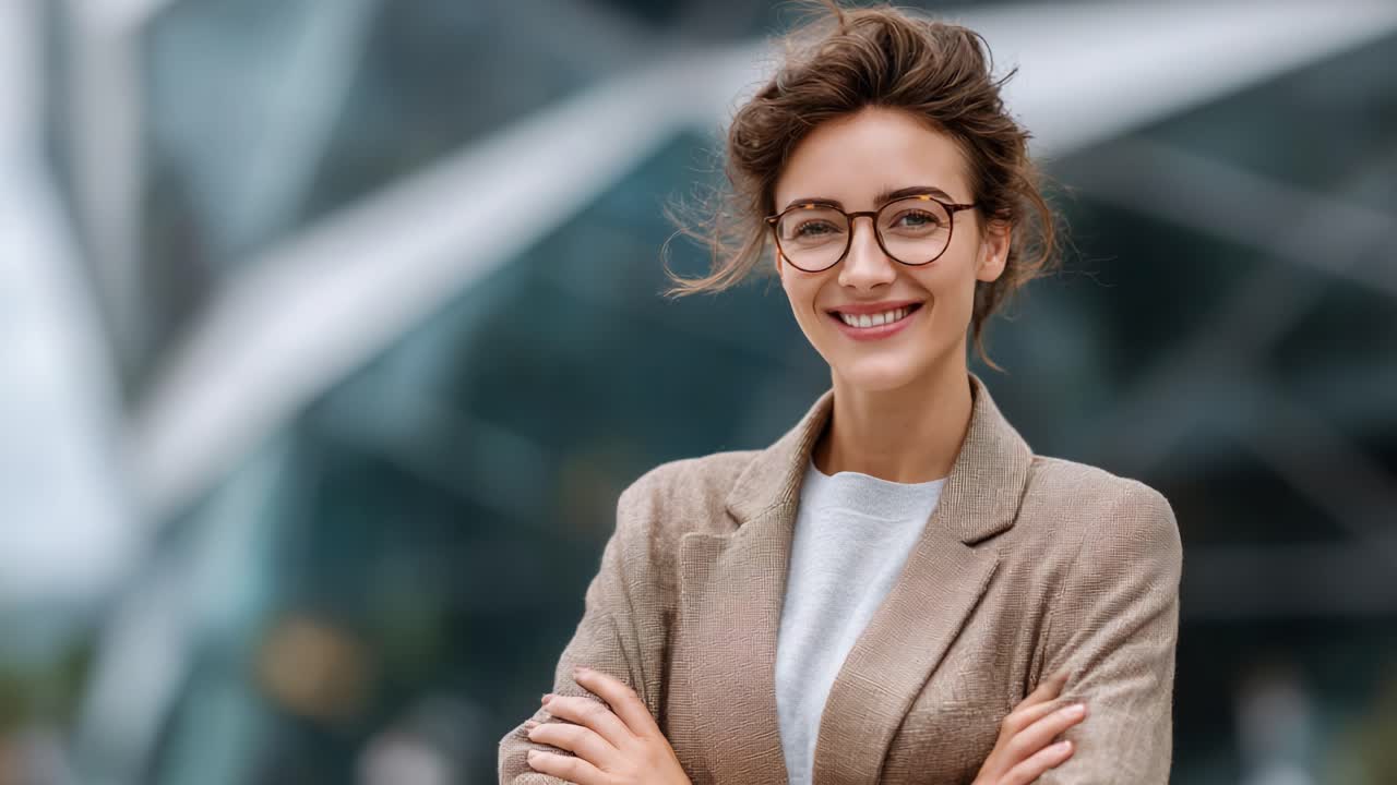 A Confident Woman with Glasses Displaying Varied Emotions in Two Frames, One Smiling and the Other Reflective in a Modern Outdoor Setting