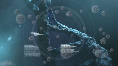 covid-19 cells and data processing over dna structure spinning against blue background