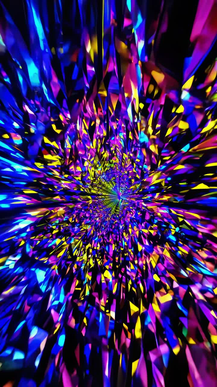 Terowongan berlian geometris yang melebar dengan nuansa biru, ungu, kuning cerah, menciptakan pola visual abstrak yang memukau dan menyatu menuju titik cahaya pusat