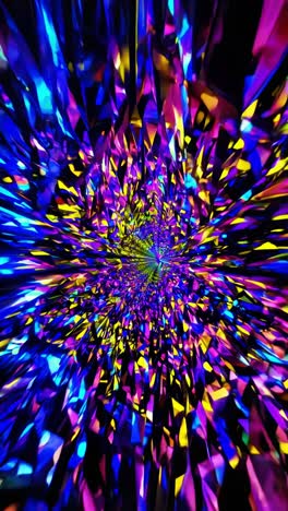 geometric diamond tunnel expanding with vibrant blue, purple, yellow hues, creating mesmerizing abstract visual pattern converging toward central luminous point