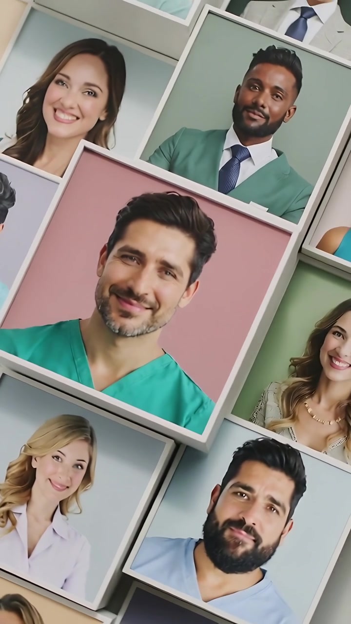 Video vertical: La cámara se inclina y panea sobre un collage en el vestíbulo, revelando retratos con uniformes médicos verdes.