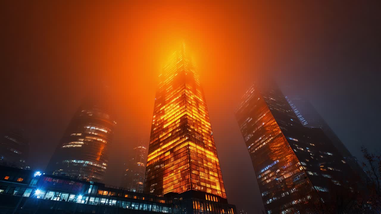 Modern city skyscraper with bright orange illumination gradually vanishing into the dense night fog, creating a mysterious and futuristic urban atmosphere with a dramatic low angle perspective