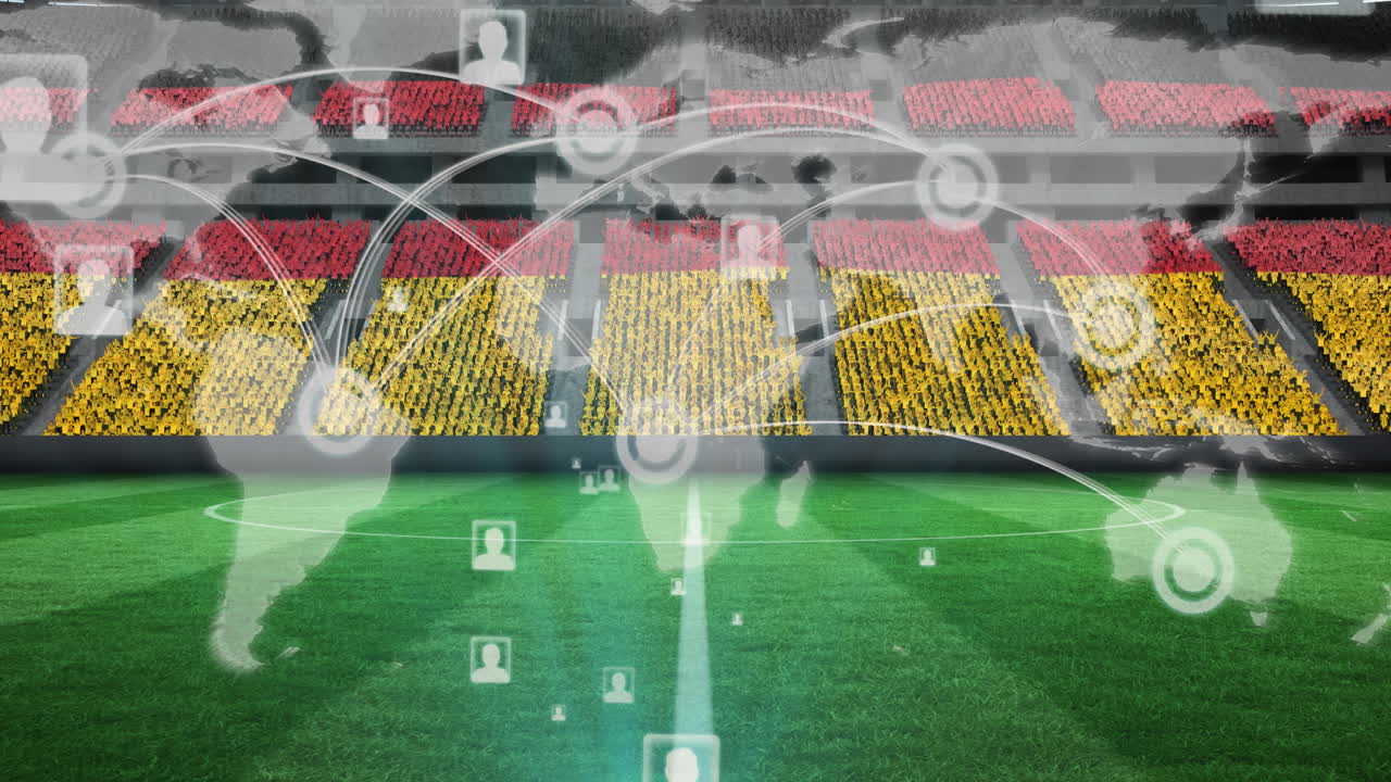 анимация сети соединений, карта мира над немецким флагом на пустых трибунах на спортивном стадионе