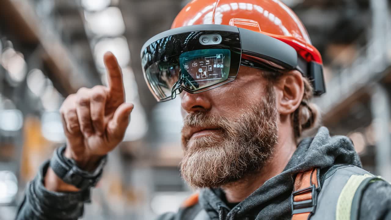 A Construction Worker Utilizing Advanced Augmented Reality Glasses to Enhance Safety and Efficiency in an Industrial Environment