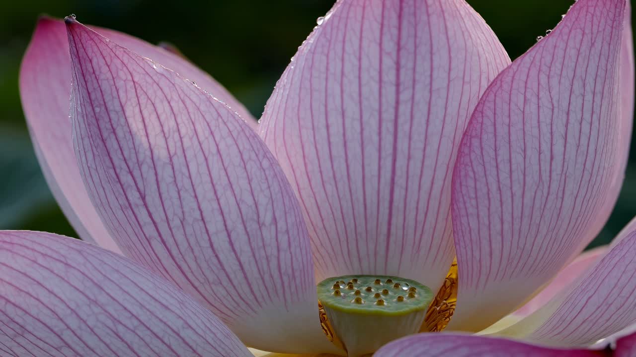 Close-up video of a lotus flower, showcasing delicate pink petals with dewdrops